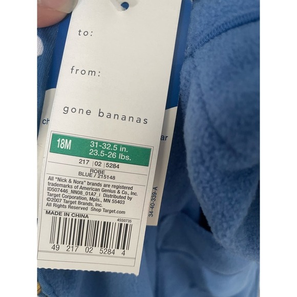 Nick & Nora Toddler Sock Monkey Banana Fleece Hooded Robe Blue Brown Size 18 M - Picture 7 of 8